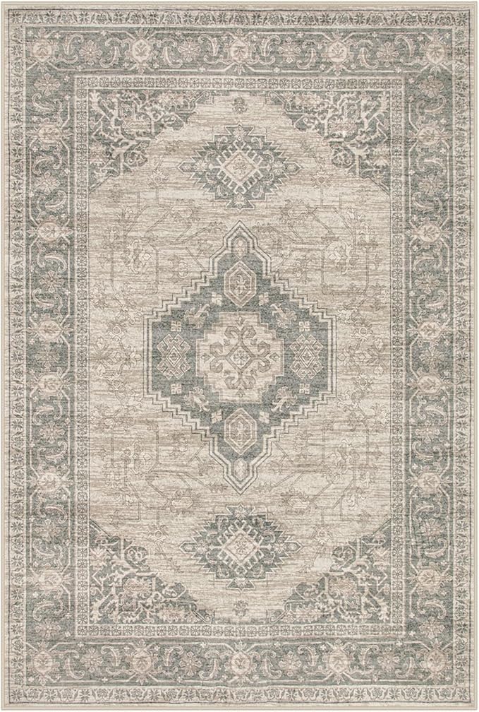Lahome Oriental Washable Area Rug, 3x5 Soft Rugs for Bedroom Living Room, Ultra-Thin Vintage Non-Slip Throw Carpet for Kitchen Office Entryway, Grey/Brown