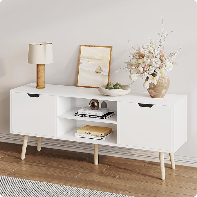 ALINE FURNITURE White TV Stand for 50 55 60 inch TVs - Media Console with 2 Cabinets & Open Shelves, Solid Wood Legs - TV Consoles for Living Room - 22" H Entertainment Center for Bedroom