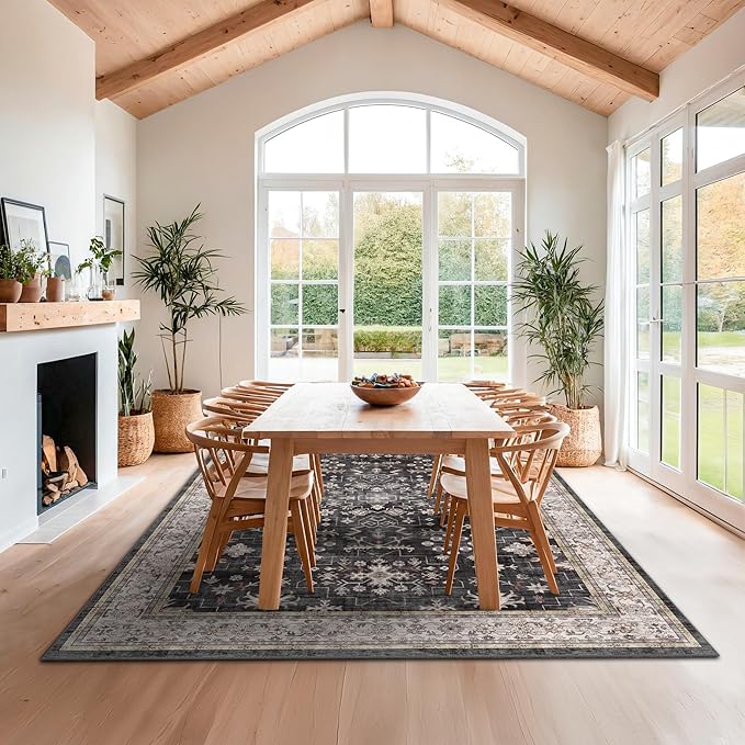 Boho Dining Room Rugs for Under Table - 6x9 Washable Black Area Rug for Living Room, Low Pile Non-Slip Rugs for Bedroom, Office - Charming Farmhouse Decor & Stain Resistance (6x9 Black/Multi)