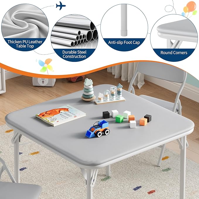 GarveeHome 3-Piece Kids Folding Table and Chairs Set, Toddlers Children's Activity Table and Chairs Set for Dining Room,Daycare,Classrooms
