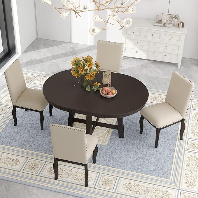 Ball & Cast 5 Piece Dining Table Set with 4 Upholstered Curved Legs Chairs,Living Room Furniture W/ 43" Round Extendable Desk,for Restaurant,Home Bistro,Espresso