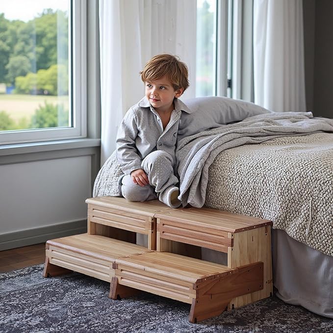 16" Wooden Two Step Stool for Adult & Kid, Wider, Deeper & Safer Bedside Steps, Anti-Slip. Riser 2-Step Spa & Hot Tub Stairs for Pool, Heavy Duty for Kitchen, Bathroom, Closet, High Bed Step