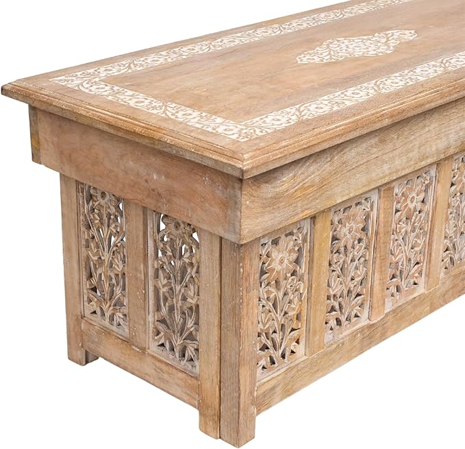 Lightnpro Handmade Wooden Coffee Table - Rectangular Foldable Table with Storage,Intricate Carving, Modern & Contemporary Home Décor, Compact Living Room Furniture – 40 Inch White Wash Finish