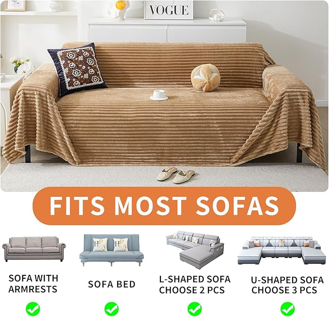 HAOMAIJIA Faux Fur Sofa Covers Couch Covers for 3 Cushion Couch Sofa Pet Friendly Soft Non Slip Couch Cover for Dogs Washable Sectional Couch Covers L Shape Furniture Protector (Khaki, 71"x134")