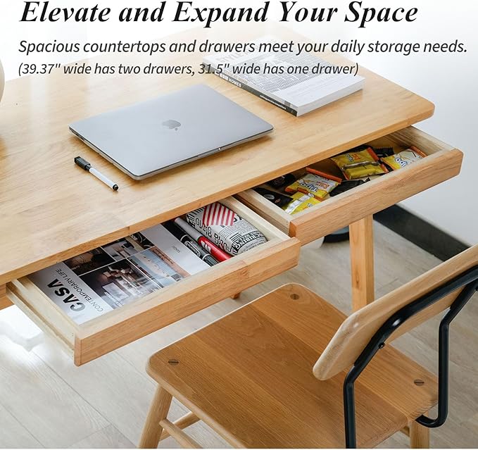 Computer Desk with Drawers, Solid Wood Writing Desk, Mid Century Modern Home Office Desks, Oak Study Table, Small Desk for Bedroom, 29.1 H x 39.4 W x 21.7 D Inches, Natural