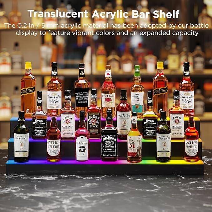Dethan 3 Tier 40 Inch Liquor Bottle Display Shelf - Illuminated Wine Racks with Multi-Color App & Remote Control, Adjustable Brightness & Sound Modes, Acrylic Bar Shelves Displays