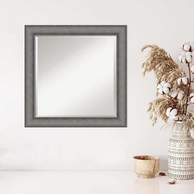 Amanti Art Grey Wall Mirror 25x25 Burnished Concrete Square Bathroom Mirror for Wall Decor Living Room, Medium Modern Contemporary Wood Frame, Hangs Horizonally and Vertically, Bathroom Decor, Beveled
