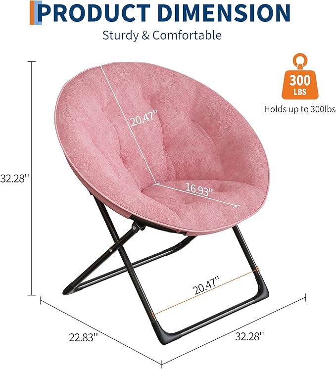 Saucer Chair with Faux Fur Cover - Foldable Moon Chair for Teens & Adults, Large Circle Seat Perfect for Bedroom, Living Room & Playroom, Soft Gaming Chair for Compact Spaces, Pink