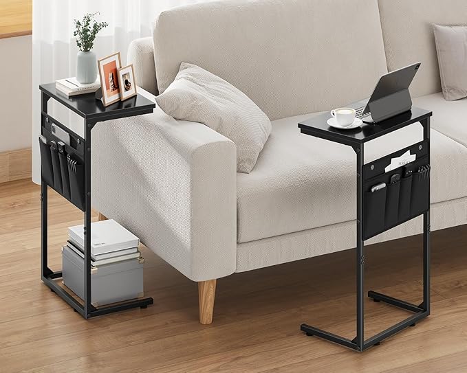 Vagusicc C Shaped End Table Set of 2, Tall Side Table for Sofa, Small Couch Side With Storage Bag, TV Tray for Small Spaces, Sturdy Slide Under Sofa With Metal Frame for Living Room