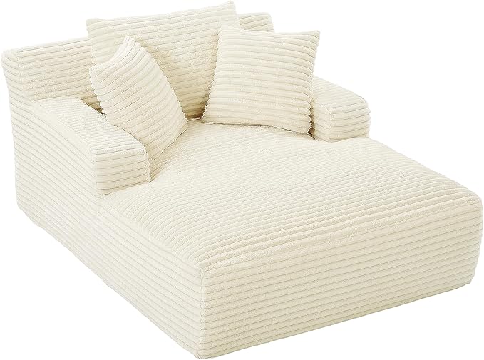 Oversized Chaise Daybed Lounge Sleeper Chair Sofa Bed Indoor, Fluffy Corduroy Upholstered Sleeper Recliner Sofabed Extra Wide Full Foam Cloud Sofabed W/3 Pillows for Home/Apartment Living Room Bedroom
