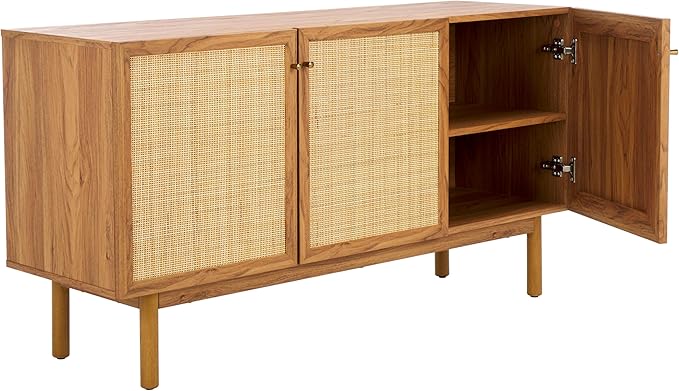 SAFAVIEH Aino TV Stand for up to 60" Flatscreen – Oak Brown with Rattan Mesh, 3 Doors with Interior Storage, Sideboard Cabinet, Entertainment Media Console (MED9618D)