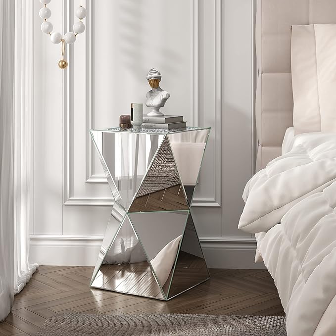 ENENE Mirrored Diamond Setting End Table Glass Decorative Side Table for Living Room Small Spaces Coffee Table Modern Pedestal Accent Table for Bedroom Office Hallway Entryway