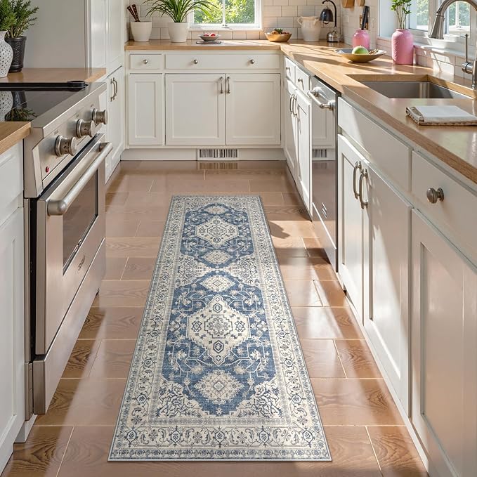 Lahome Oriental Washable Kitchen Runner Rug, 2x6 Carpet Runners for Hallway 6ft Non Skid, Vintage Soft Hallway Rug for Bathroom Bedroom Entryway, Blue