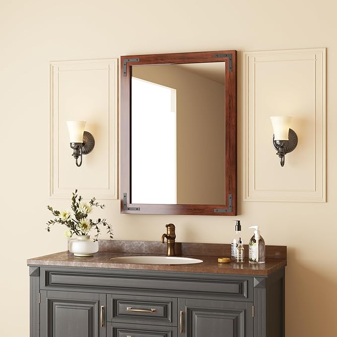 VocalStar Rustic Wood Framed Mirror 22 x 30 Inch, Natural Dark Brown Wooden Rectangle Bathroom Vanity Wall Mirror for Farmhouse Boho Decor, 1/4-inch Shatterproof Glass | Waterproof