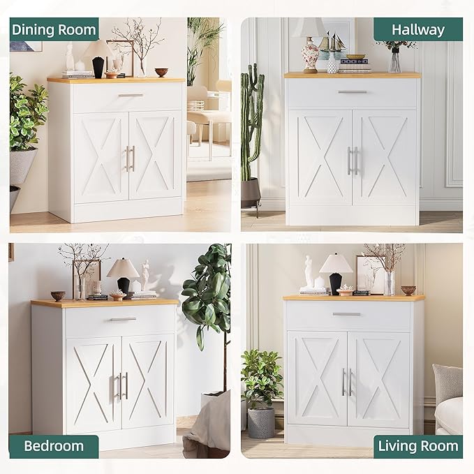 Shintenchi Farmhouse Storage Cabinets with Doors and Shelves,Kitchen Barn Door Storage Cabinet with Drawers,Coffee Bar Cabinet Buffest Sideboard for Dining Room,Bathroom,Entryway,White