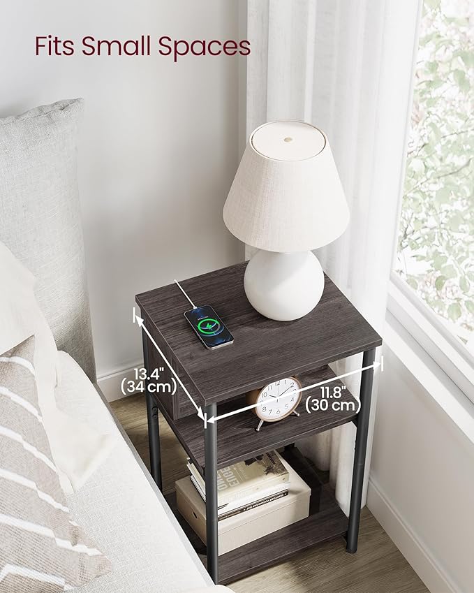 VASAGLE Side Table with Charging Station, 3-Tier End Table with USB Ports and Outlets, Nightstand for Living Room, Bedroom, 11.8 x 13.4 x 22.8 Inches, Plug-in Series, Chestnut Brown and Black