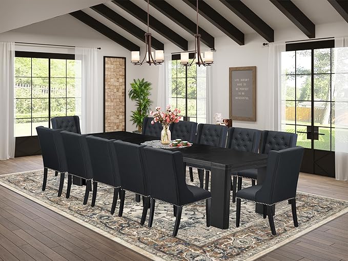 X12FO-006-24 - 13-piece Dining Room Table Set a Rectangular Kitchen Table and 12 Black Linen Fabric Dining Chair, 39x120 Inch, Wire Brushed Black