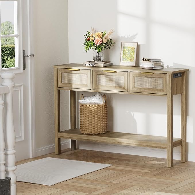 Entryway Table, Rattan Console Table with 3 Storage Drawers and Storage Shelf, Sofa Table with Socket, for Entryway, Living Room, Behind Couch and Hallway (Natural Wood)