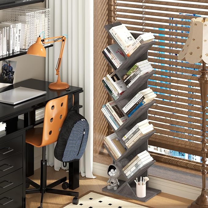 10 Tier Tree Book Shelf, Floor Standing Wood Bookshelf for Narrow Space, Storage Organizer Bookshelves for Books/CDs/Magazine, Bookcase with Shelves for Home Office, Living Room - Light Grey