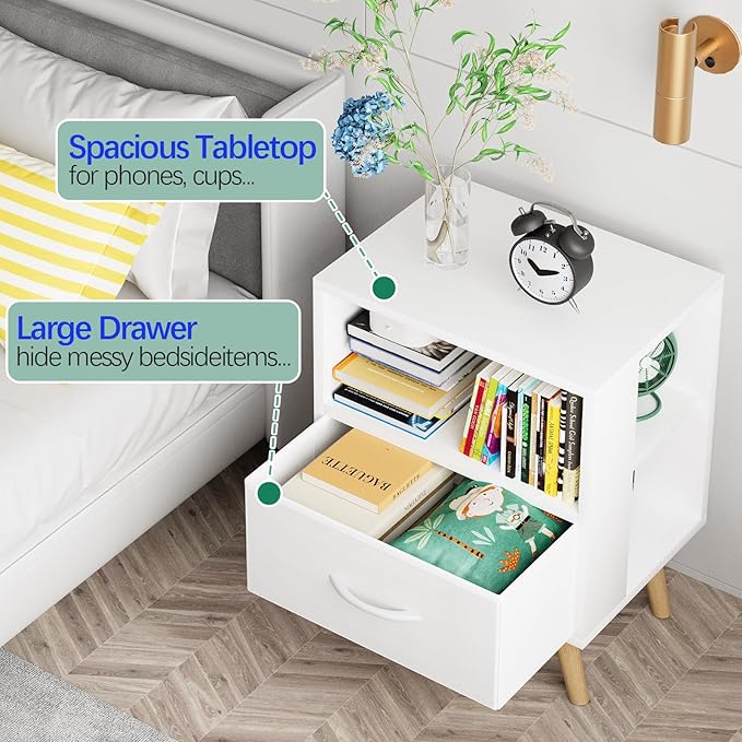 Night Stand, White Kids Nightstand with Drawer, Nursery Side Table with Open Storage, 2-Tier Modern End Table, Bedside Table for Small Space, Living Room, Bedroom
