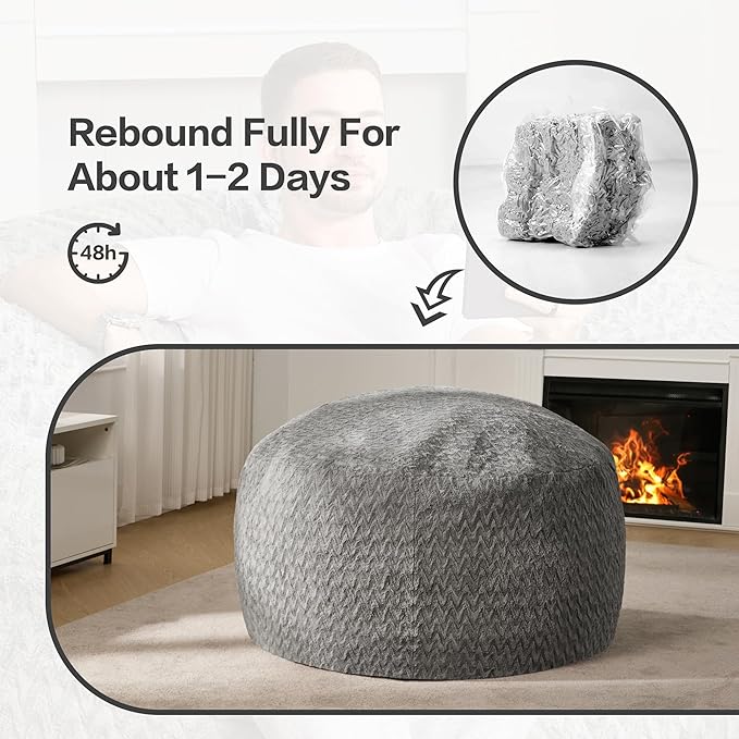Hobestluk 4ft Bean Bag Chairs for Adults Large Beanbag Chair with Chevron Plush Fur Cover Big Bean Bag Chair for Living Room Bedroom Dorm Office - Grey (44” x 44” x 24”)