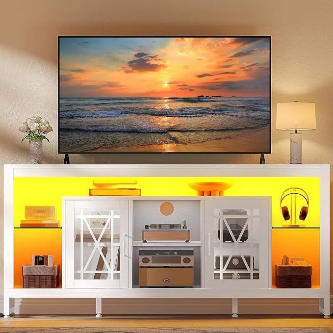 YITAHOME 33.5'' Tall TV Stand for 75 inch TV, LED Entertainment Center with Storage, Black TV Stands for Living Room with Acrylic Doors & Power Outlets, Tall TV Console Cabinet, White