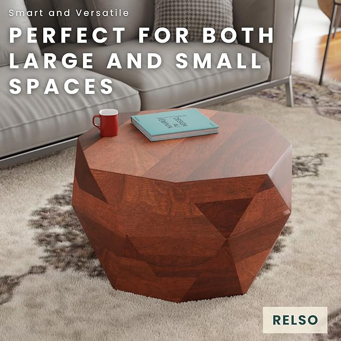 Octavian Coffee Table - Solid Wood Round Drum Center Table for Living Room with Geometric Faceted Design | Walnut Finish Accent Table, Modern Decor, Farmhouse Table | No Assembly Required (18 inch H)
