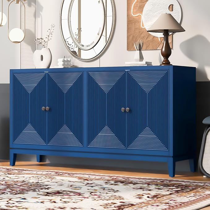 Merax 60" Sideboard Buffet Storage Cabinet with 4 Doors and Adjustable Shelves, Modern Wooden Accent Fluted Credenza Console Table for Kitchen, Dining, Living Room, Coffee Bar, Entryway, Navy Blue