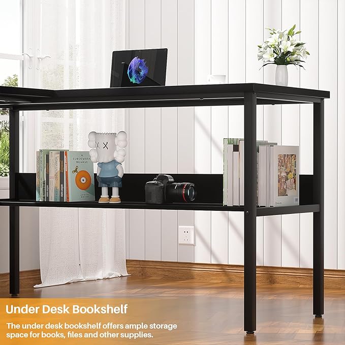 Reversible L Shaped Computer Desk with Magic Power Outlet, Sturdy Office Corner Desk, L Shape Gaming Table with Storage Shelf, Black