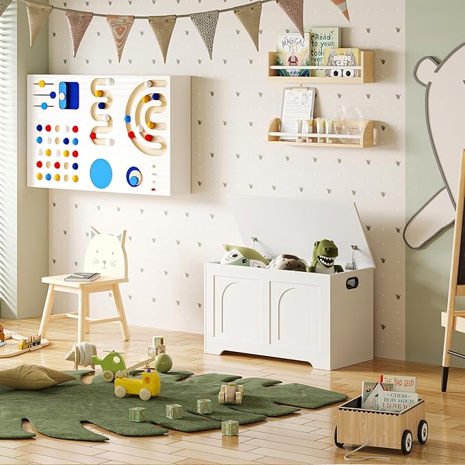DINZI LVJ Storage Chest, 31.5”Wooden Toy Box with 2 Safety Hinges, Entryway Storage Bench with Flip-Top, Sturdy Storage Trunk for Living Room, Bedroom, Easy Assembly, White