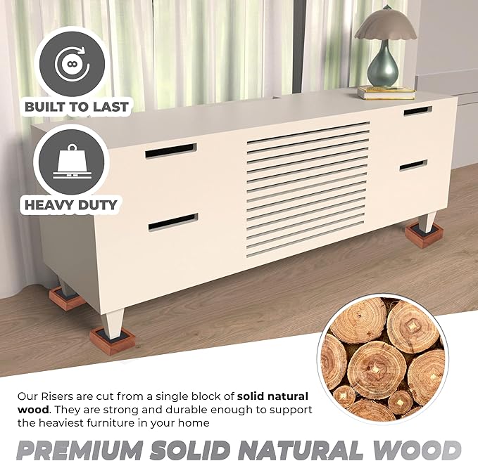 FASONLA Bed Risers (Set of 8) Furniture Risers Lifts Height 1", 2" or 3", Solid Natural Wood Risers for Bed, Furniture, Table, Sofa, Chair with Non-Slip Recessed Hole (Light Brown Color, 1 Inch)