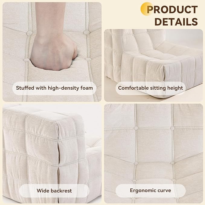 Bean Bag Chair, Soft Chenille Pre-Filled Lazy Chair Floor Sofa Bean Bag Chair for Adults and Teens, Accent Chair for Living Room Bedroom Apartment (Ivory)