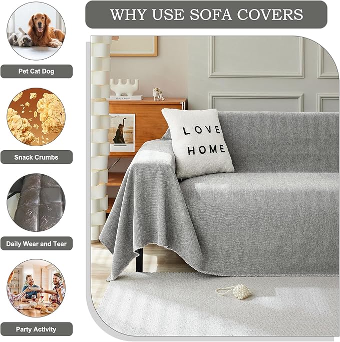 STACYPIK Soft Dark Gray Couch Cover for Pets, Herringbone Jacquard Sofa Covers for 3 Cushion Couch,Skin-Friendly Washable Sofa Covers for Loveseat, Non Slip Sectional Sofa Blanket Cover-91X134IN