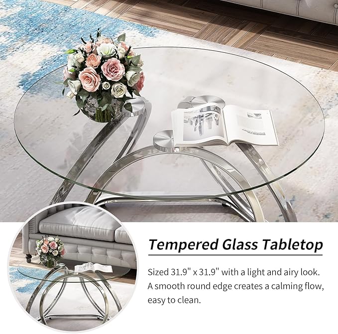 O&K FURNITURE Glass Coffee Table, Modern Silver Coffee Table Living Room Table with Hexagonal Base, Round Coffee Table for Home&Office, Chrome Finish, 1 PC