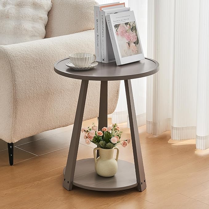 CozyDH Round End Table, Wooden Narrow/Little Coffee/Sofa/Couch SideTable with Lower Shelf for Living Room Bedroom, Solid Wood Bedside Nightstand, Gray