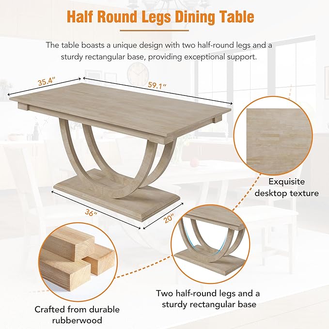 Ball & Cast 6 Piece Dining Table Set with 4 Upholstered Chairs & 1 Bench,Wooden Living Room Furniture for 6 W/ 59.1" Rectangle Kitchen Desk,for Restaurant,Home Bistro,Natural Wood