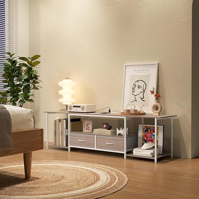 TQVAI 70 Inch TV Stand - Farmhouse Entertainment Center with Fabric Drawers Storage & Charging Station, Media Console Table for Bedroom, Living Room, Retro Grey/White