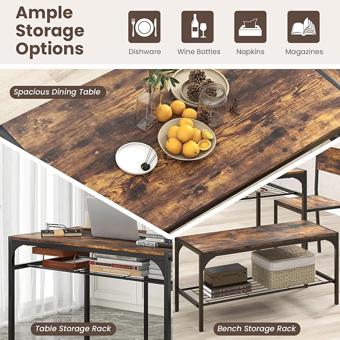 Giantex Dining Table Set for 4, Kitchen Table with Chairs & Bench, Storage Racks, Metal Frame, 4-Piece Space-Saving Dinette Set for Dining Room, Breakfast Nook, Small Space, Apartment,Rustic Brown