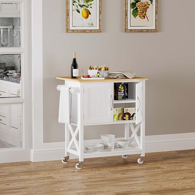Spirich Kitchen Island on Wheels, Rolling Kitchen Cart with Storage Cabinet, Small Kitchen Island with Drop Leaf and Towel Rack for Dining Room, White