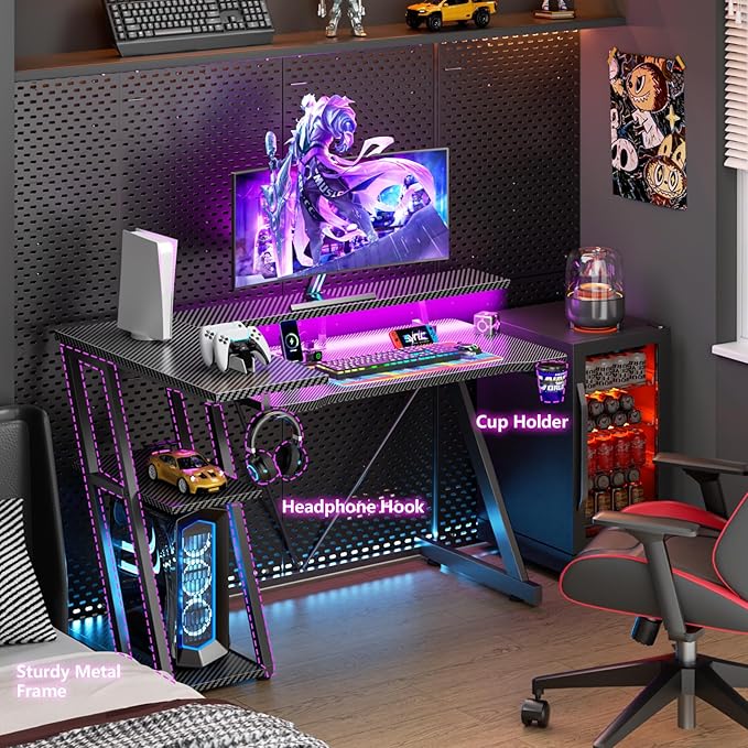 40 Inch Gaming Desk with Power Outlet & LED Lights, L Shaped Computer Gaming Table with 3 Tiers Storage Shelves, Corner Gamer Desk with Monitor Stand for Small Space, Carbon Fiber Black