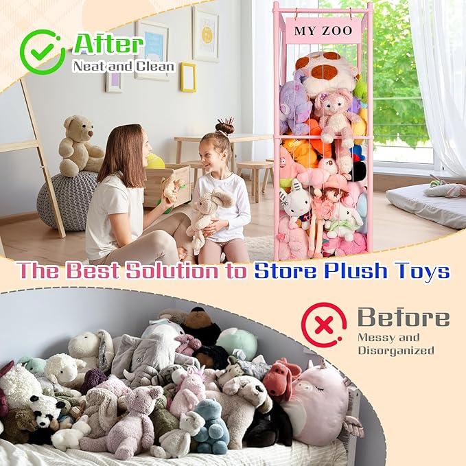 Stuffed Animal Storage Zoo, Wooden Stuffed Animal Organizer with Elastic Cords for Boys Girls, Space Saving Toy Plushies Storage Holder for Playroom, Bedroom, Living Room (Pink, Large)