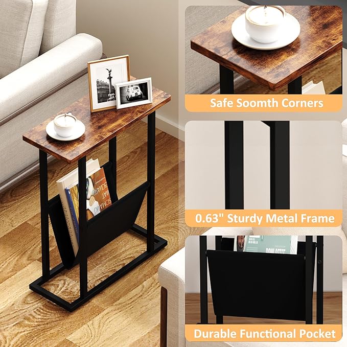 Narrow Side Table for Small Spaces, Small End Table Set of 2 with Magazine Holder, Skinny Slim Little Thin Table for Living Room, Bedroom, Sofa, Rustic Brown