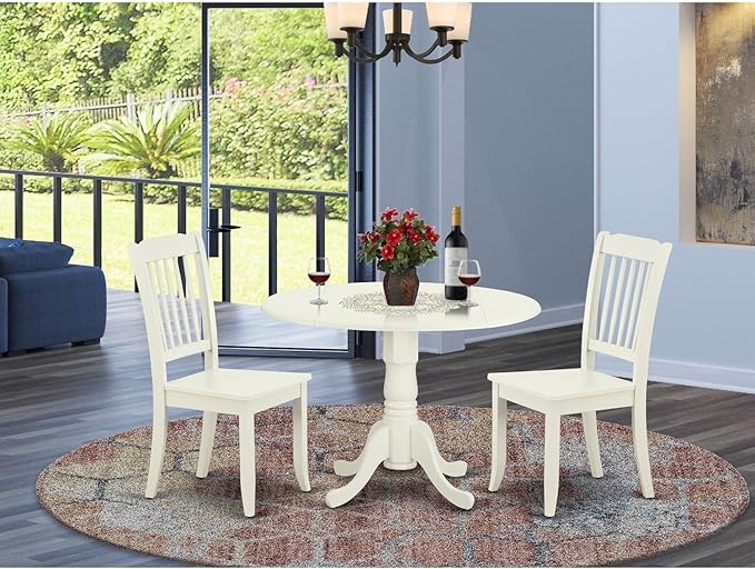 East West Furniture DLDA3-LWH-W 3 Piece Kitchen Table & Chairs Set Contains a Round Dining Room Table with Dropleaf and 2 Solid Wood Seat Chairs, 42x42 Inch, Linen White