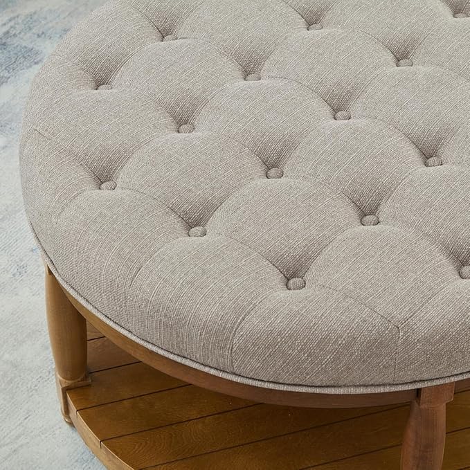 24KF Upholstered Round Coffee Table with Wooden Shelf, Tufted Button Large Round Ottoman with Spindle Wooden Legs, Linen Large Footrest Ottoman Pouf for Living Room, Linen