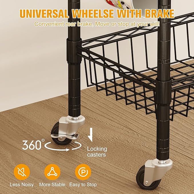 Rolling Kitchen Storage Cart, 3-Tier Storage Rack on Caster Wheels with Adjustable 2 Baskets, Coffee Station Cart Rack Shelf Organizer for Living Room Office, Balcony, Rustic Brown/Black