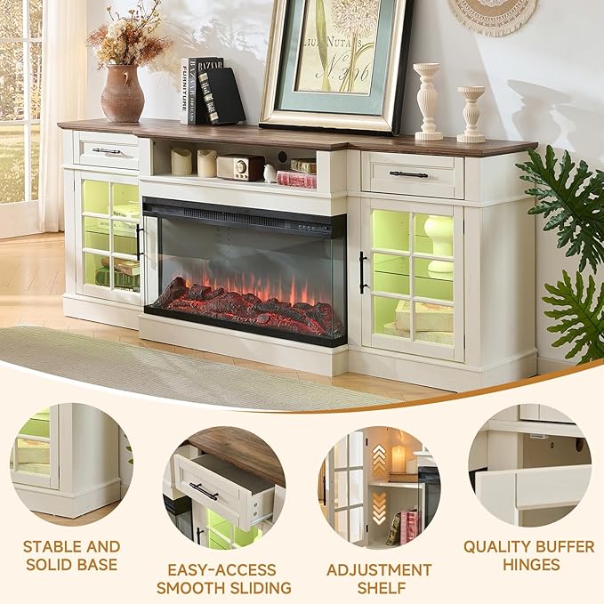 ROCKPOINT 3 Sided Glass 80" Fireplace TV Stand for TVs up to 90", Entertainment Center with Drawers and Glass Door Storage Cabinet for Living Room,36" Electric Fireplace & Adjustable LED Light,White