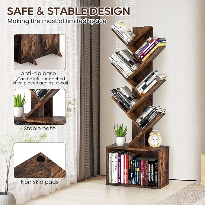 6 Tier Tree Bookshelf, Sturdy Retro Floor Standing Wood Bookcase, Storage Rack for Home Office, Living Room, Bedroom, Reading Spot, Heavy Book Organizer Shelves for CDs/DVDs/Movies