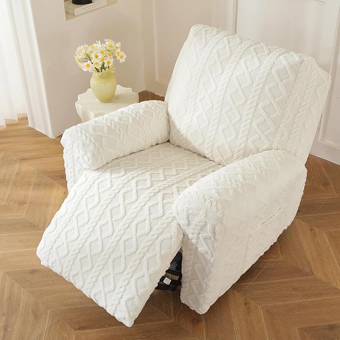 vctops 4 Pieces Geometric Jacquard Plush Recliner Slipcovers Soft Fuzzy Fluffy Sofa Couch Cover Anti-Slip Furniture Protector with Elastic Bottom for Kids Cats Dogs(Cream,1 Seat)