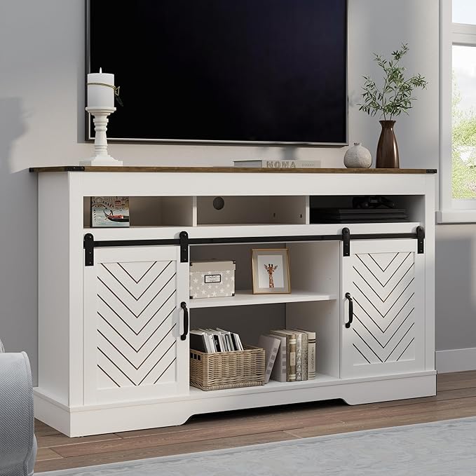 RoyalCraft Farmhouse TV Stand for 23" Electric Fireplace, Tall Entertainment Center for 65+ Inch TV, 34" Tall Rustic TV Console with Sliding Bar Door for Living Room, Wood-Tone and White