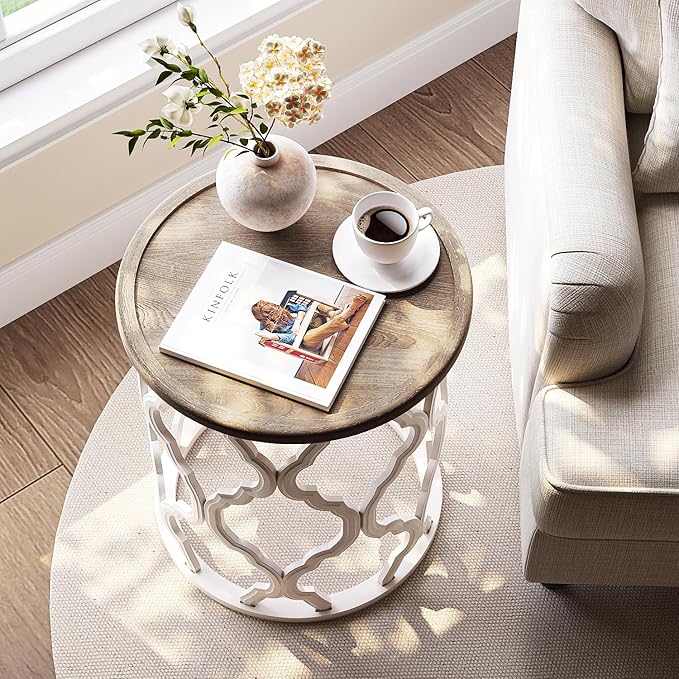 Farmhouse End Table, 18.5'' French Country Round Side Table, Distressed Tray Top Wood Side Table with Curved Motif Frame Base for Boho, End Tables Living Room, Bedroom, Small Space, Easy Assembly